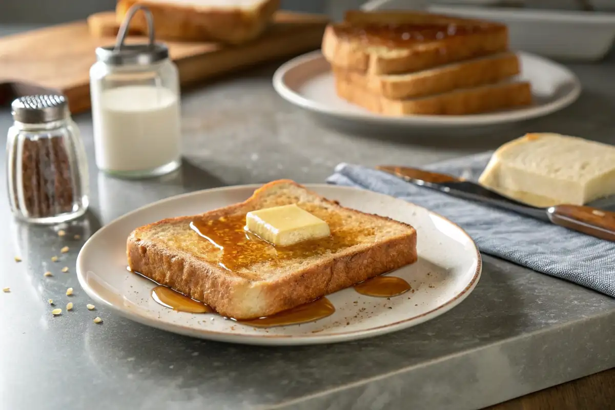  Several slices of buttered toast with toppings on a white plate.