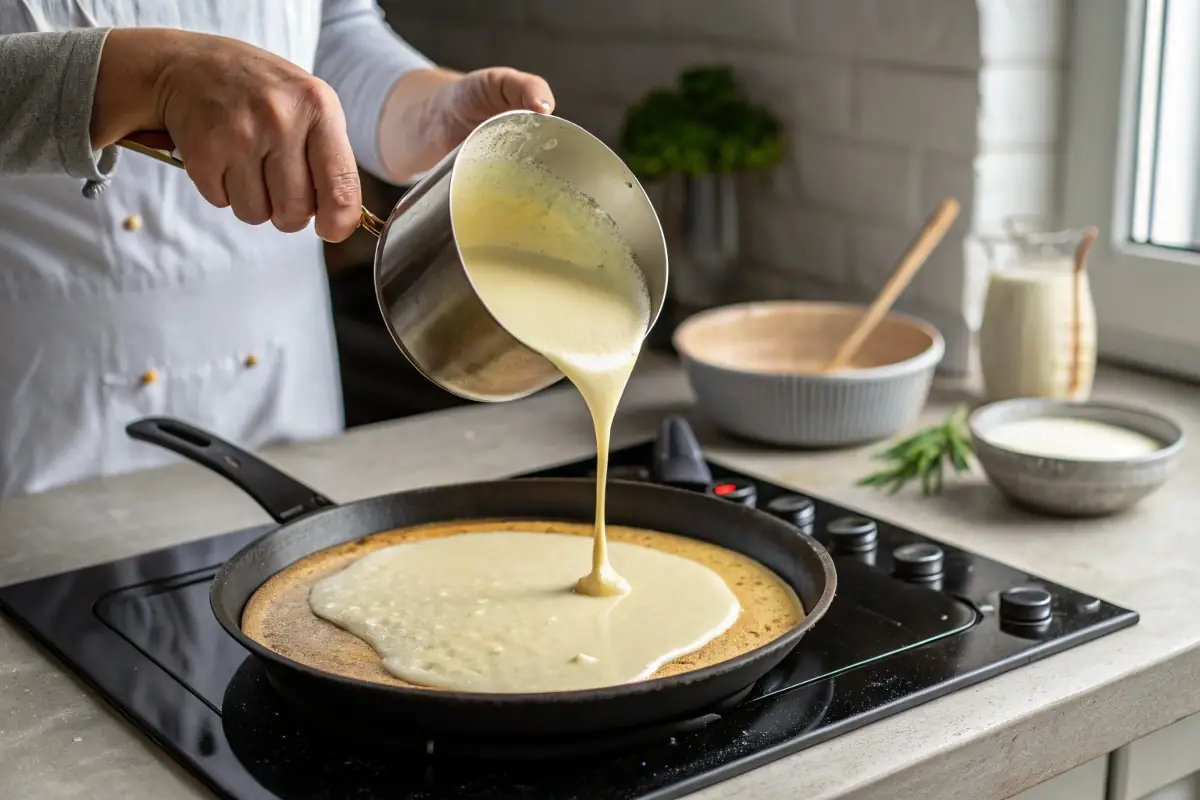 Pouring crepa batter onto a hot pan