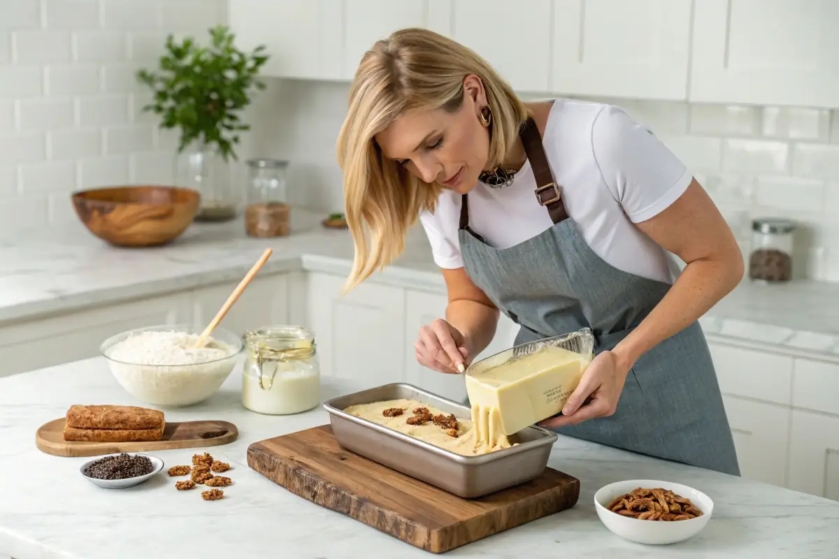 Blonde woman preparing butter pecan pound cake in a modern kitchen, pouring thick batter with visible pecans into a loaf pan. Ingredients like flour, butter, pecans, and vanilla extract are styled on a wooden cutting board, with a sharp, detailed background showing white marble countertops and kitchen utensils