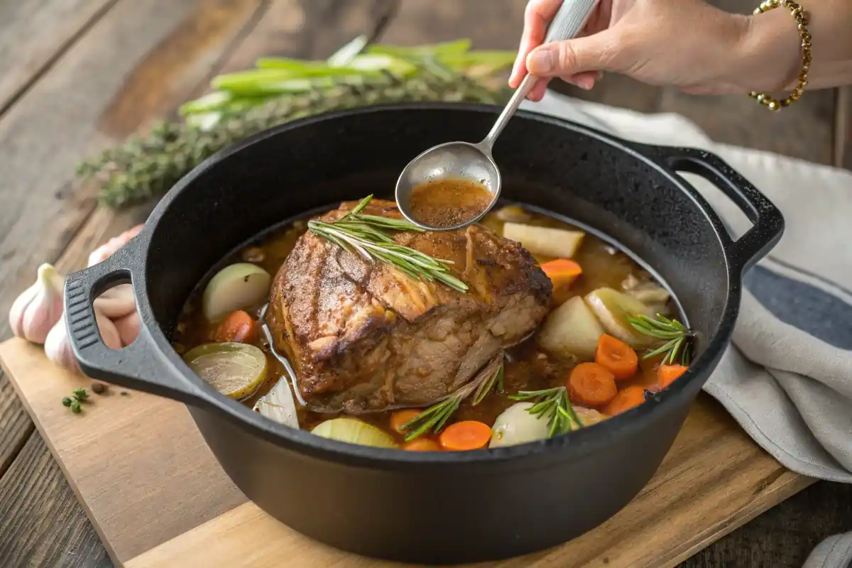 Beef shoulder roast simmering in a Dutch oven with rich broth, carrots, celery, onions, and fresh herbs, capturing the cooking process