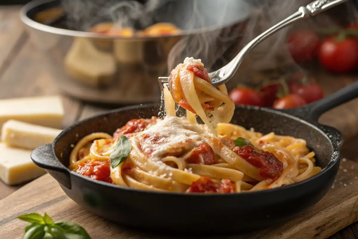 A beautifully styled skillet pasta dinner on a kitchen table