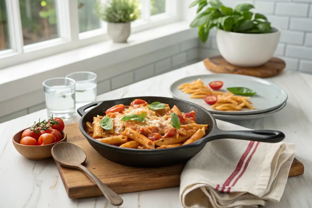  A close-up of a skillet pasta dinner being served