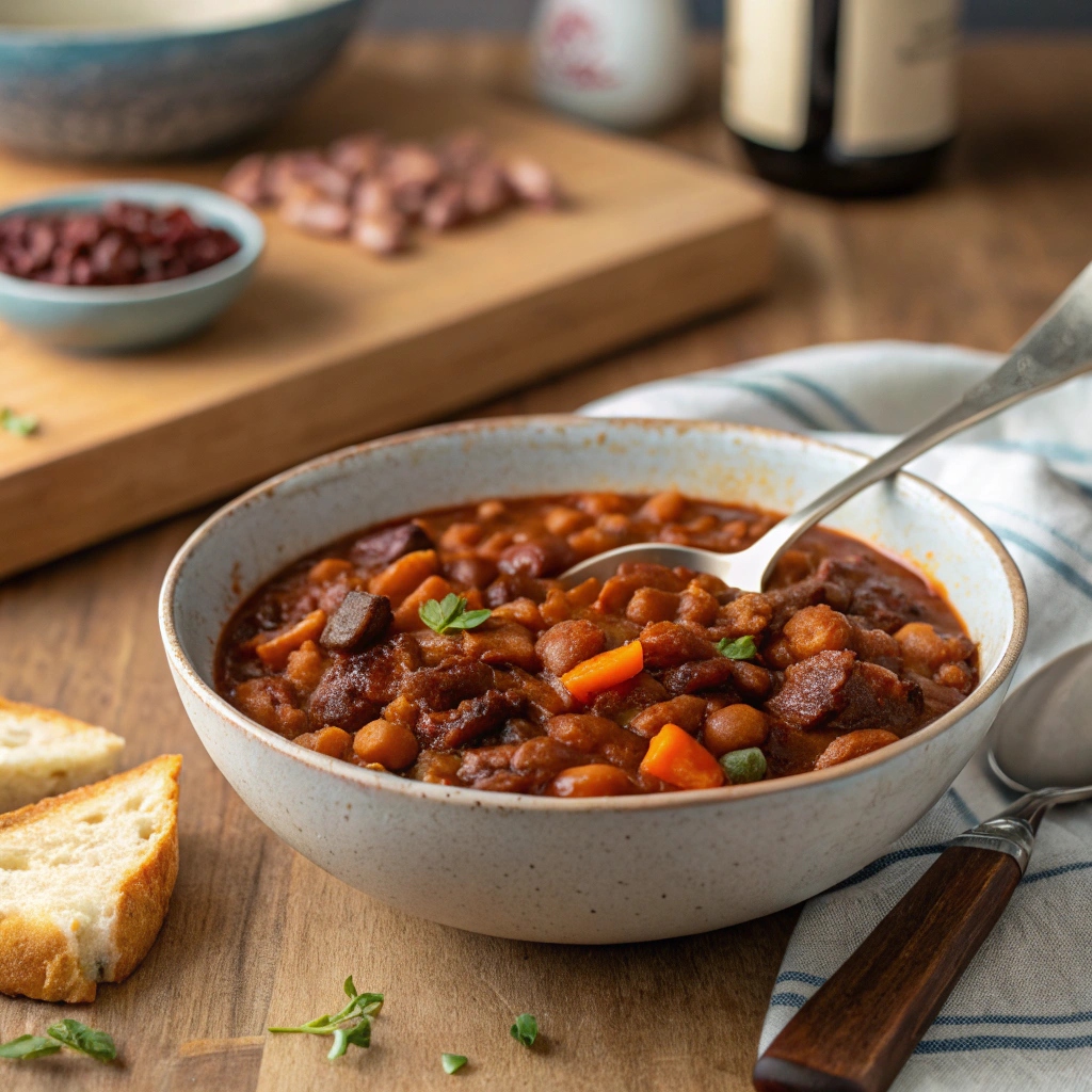 A vibrant outdoor picnic table featuring baked beans served with grilled meats, corn, and fresh salads, perfect for summer gatherings
