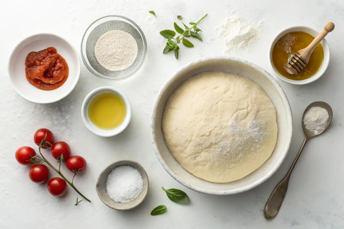Overhead view of sourdough discard pizza dough ingredients, including sourdough discard, flour, warm water, olive oil, salt, and honey, arranged on a clean white background with no distractions