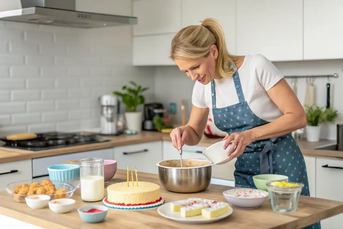 Step-by-step images of cakes for children's birthday being prepared, from mixing the batter and baking layers to frosting, decorating with sprinkles and fondant, and adding candles in a bright kitchen