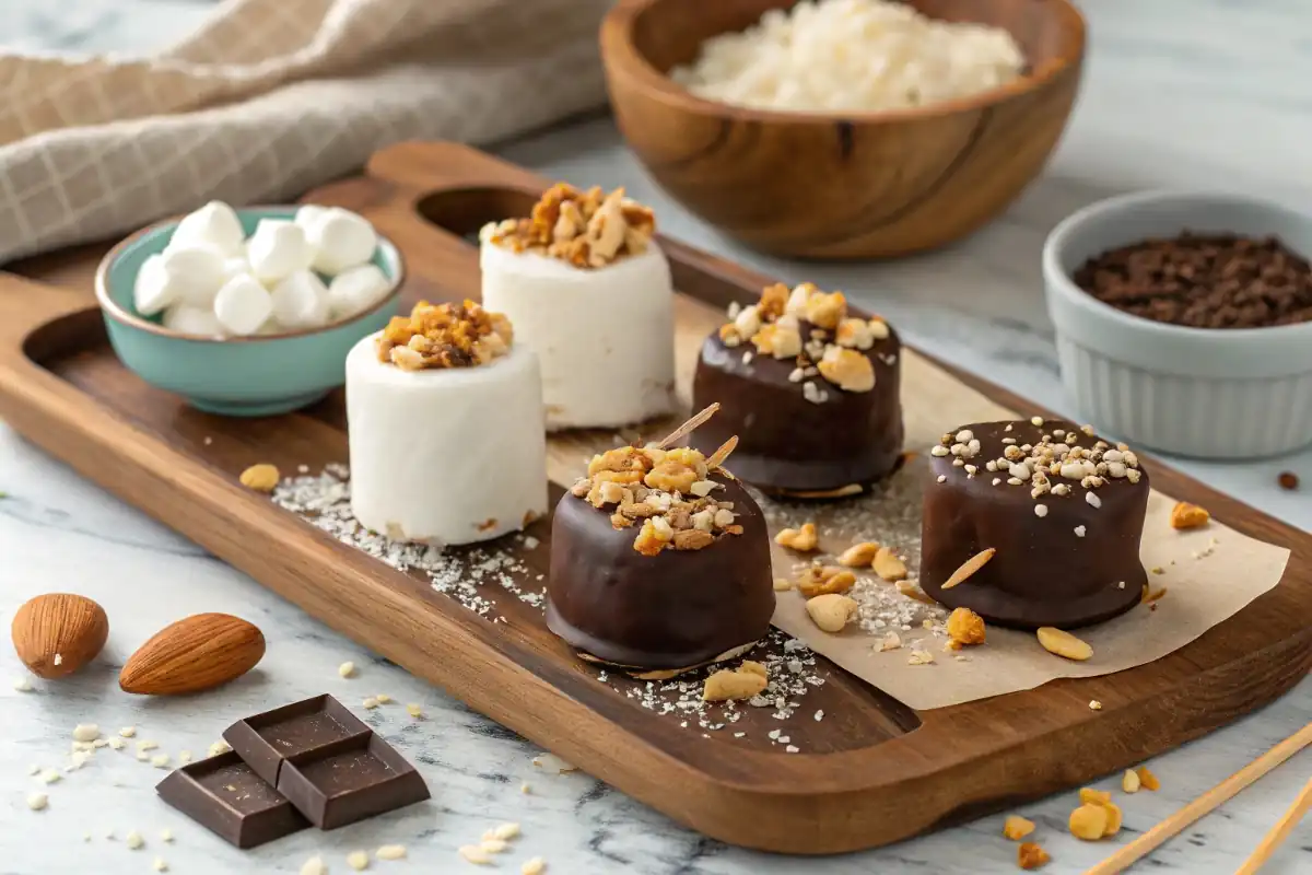 Assortment of gourmet chocolate covered marshmallows with various toppings 