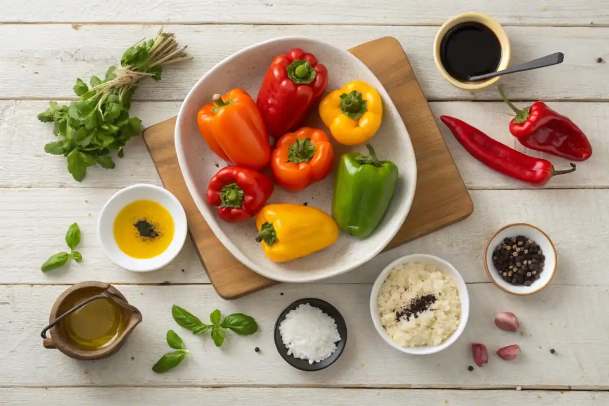 Overhead view of mini sweet bell peppers ingredients, including whole colorful peppers, olive oil, sea salt, black pepper, balsamic glaze, feta cheese, and fresh basil on a simple wooden table.
