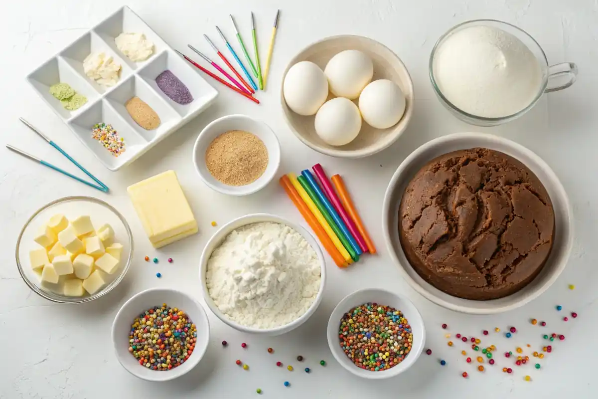 Overhead view of cakes for children's birthday  ingredients, including flour, sugar, baking powder, eggs, butter, milk, vanilla extract, colorful frosting, rainbow sprinkles, and fondant decorations, neatly arranged on a clean white background