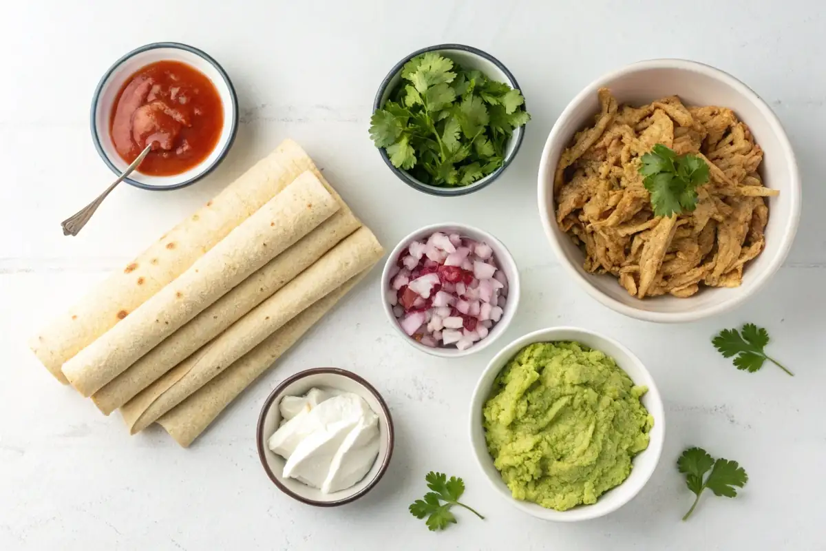 Overhead view of rolled taco ingredients, including corn tortillas, shredded seasoned chicken or beef, grated cheese, chopped onions, cilantro, sour cream, guacamole, salsa, and cooking oil, neatly arranged on a white background