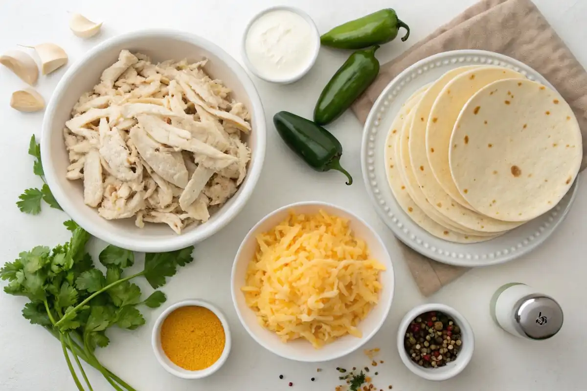 Overhead view of Pollo Fundido ingredients, including shredded seasoned chicken, flour tortillas, cream cheese, shredded cheddar, heavy cream, diced green chilies, and spices, neatly arranged on a clean white background