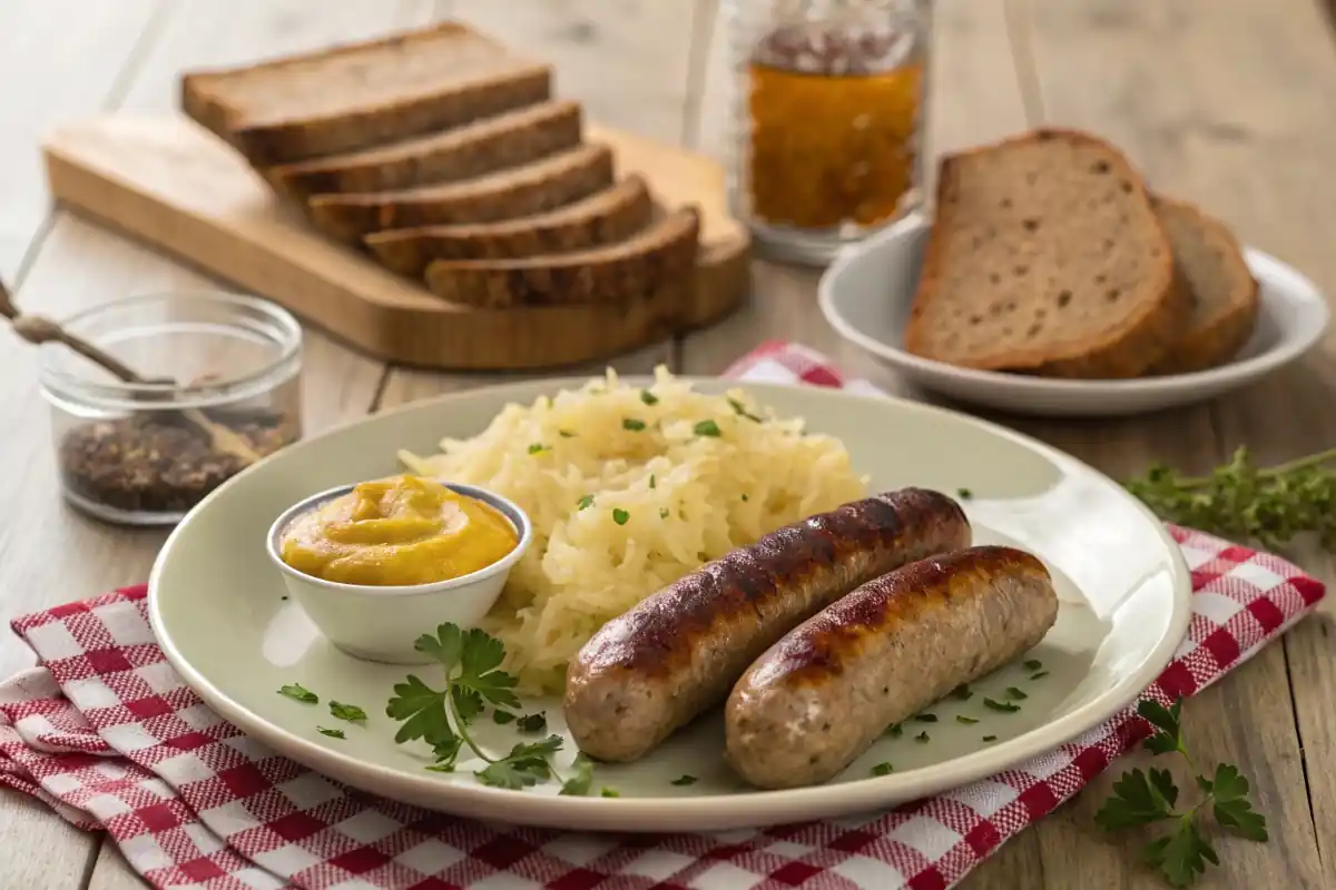 Potato sausage served with sauerkraut and mustard, a classic meal