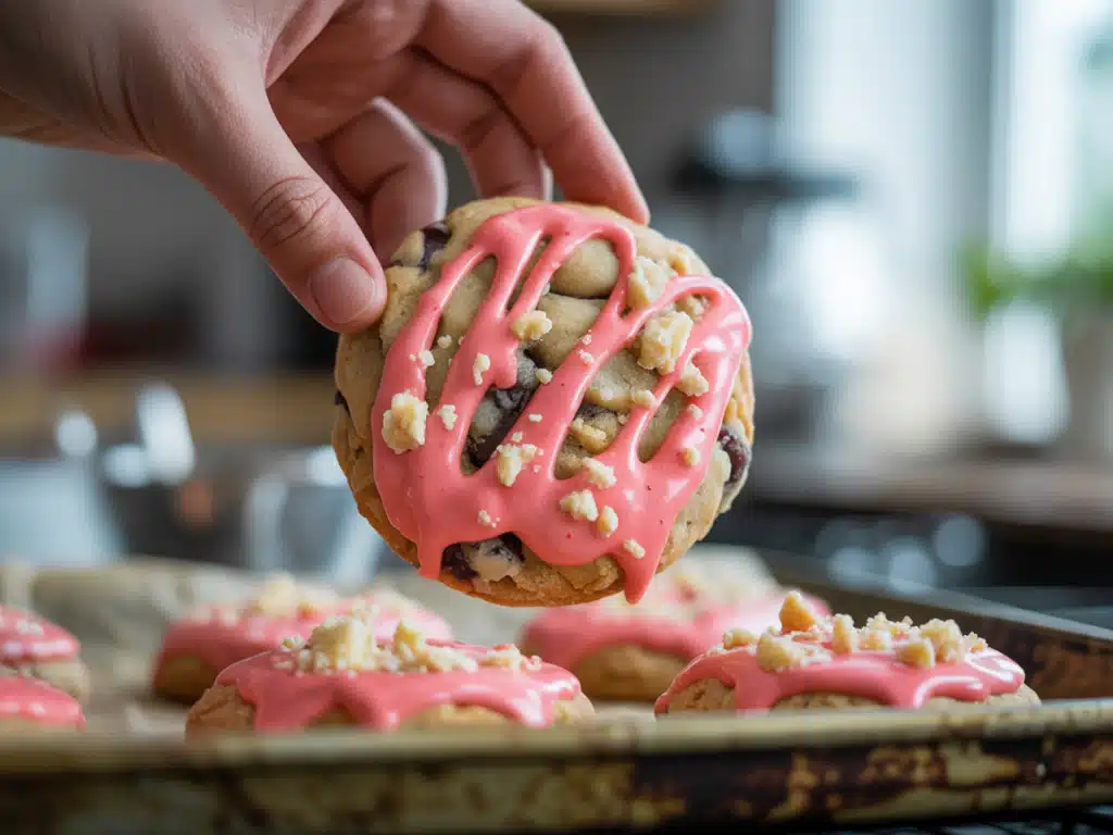 Crumbl Strawberry Crumb Cake Cookie – Best Ever Copycat Recipe! 7 glazing crumbl strawberry crumb cookie
