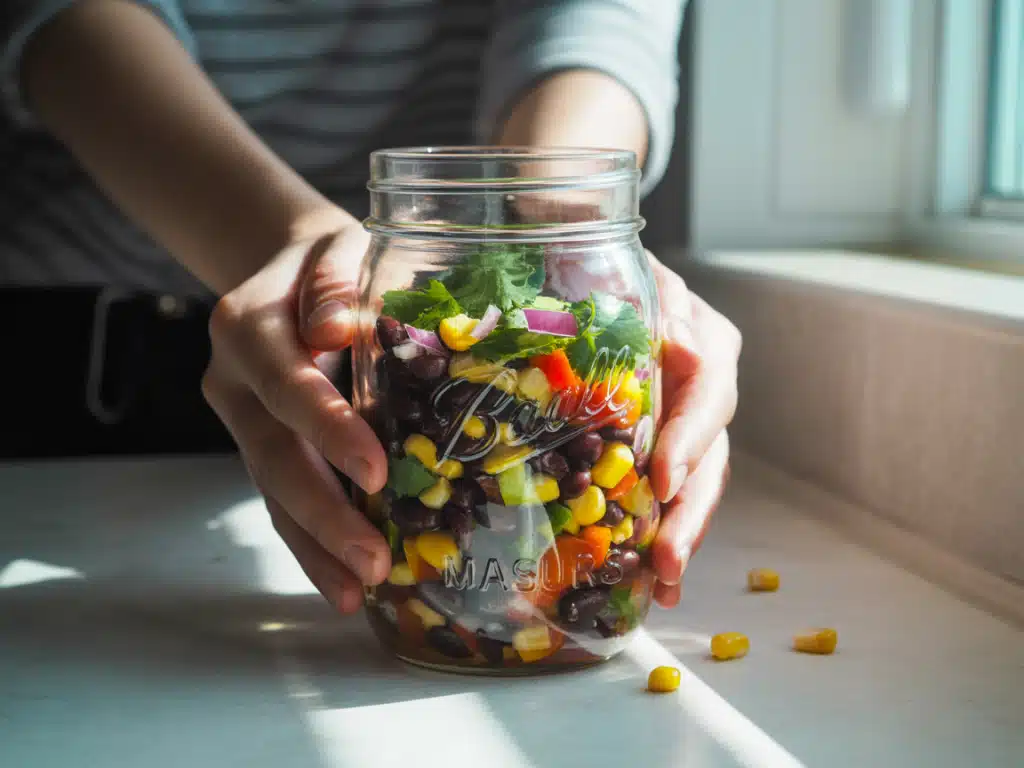 Southwest Dense Bean Salad – Healthy, Hearty & Bold 5 Healthy bean salad in a jar with fresh veggies