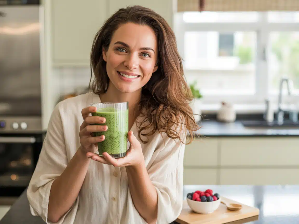 Chia Seeds Smoothie – The Best 5 Blends for Weight & Energy 5 Woman enjoying green chia seeds smoothie for health