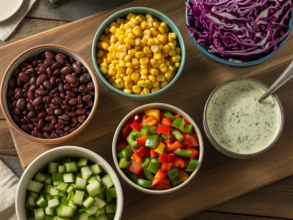 Southwest Dense Bean Salad – Healthy, Hearty & Bold 7 Southwest salad ingredients in bowls on prep board