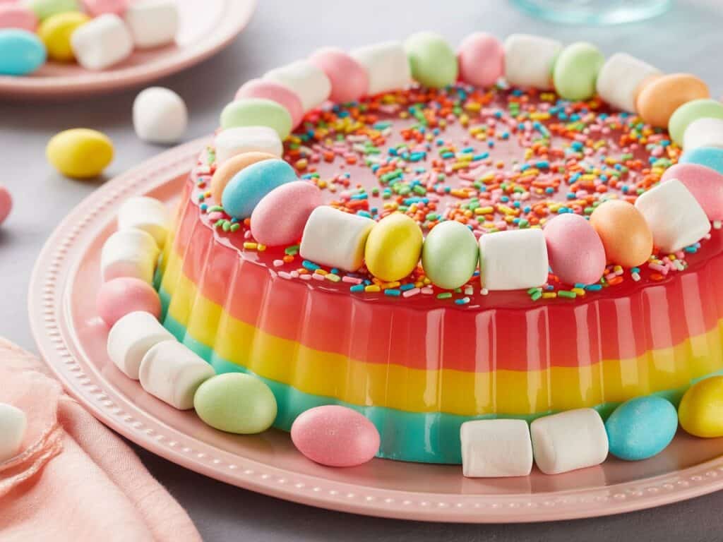 Easter Jello Pie – The Best No-Bake Layered Dessert for Spring 7 Decorated Easter Jello Pie with candy toppings