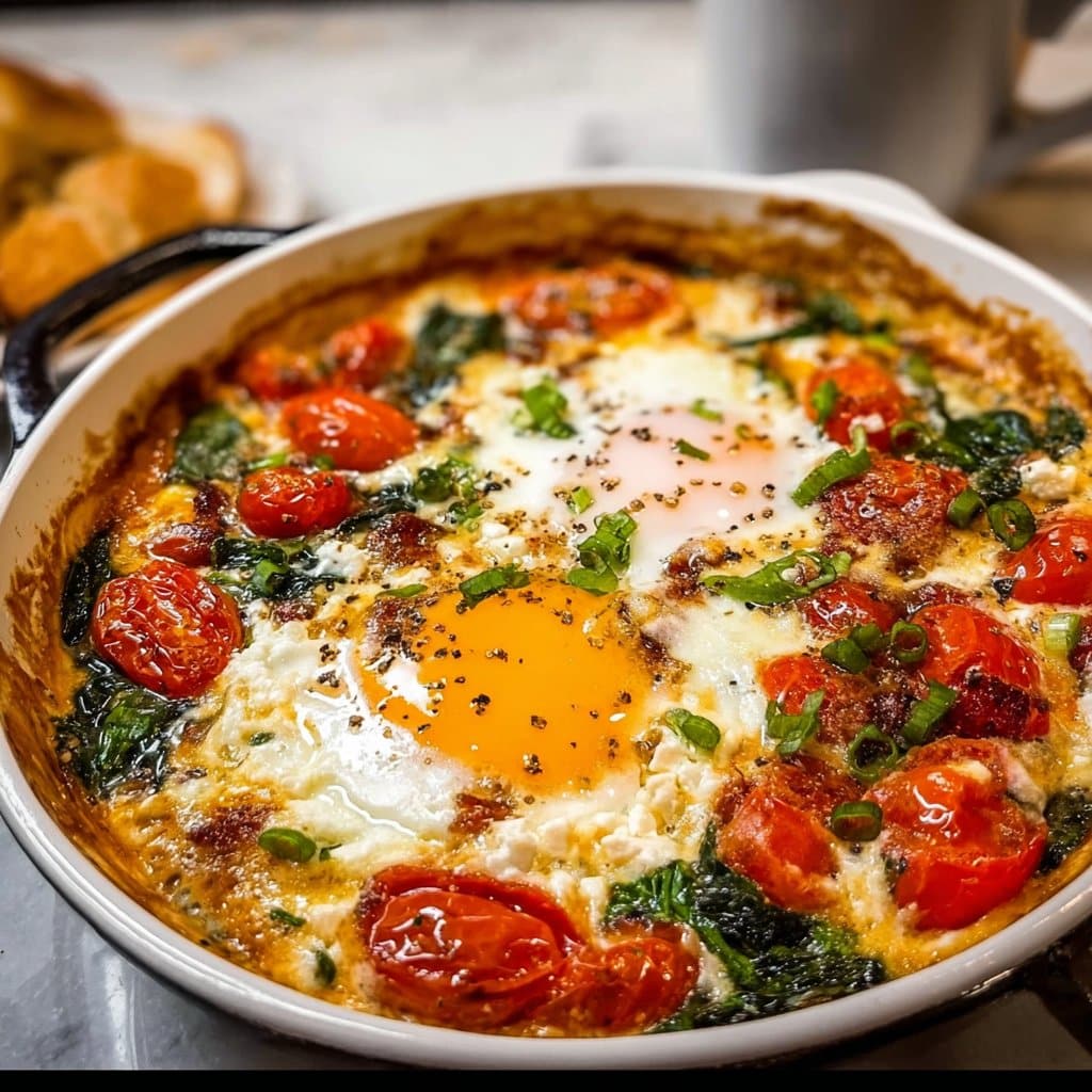Baked Feta Eggs with Tomatoes and Spinach